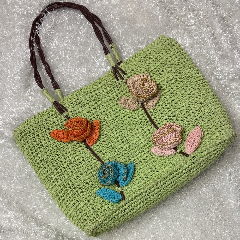 Vintage rose flower basket weave purse bag green